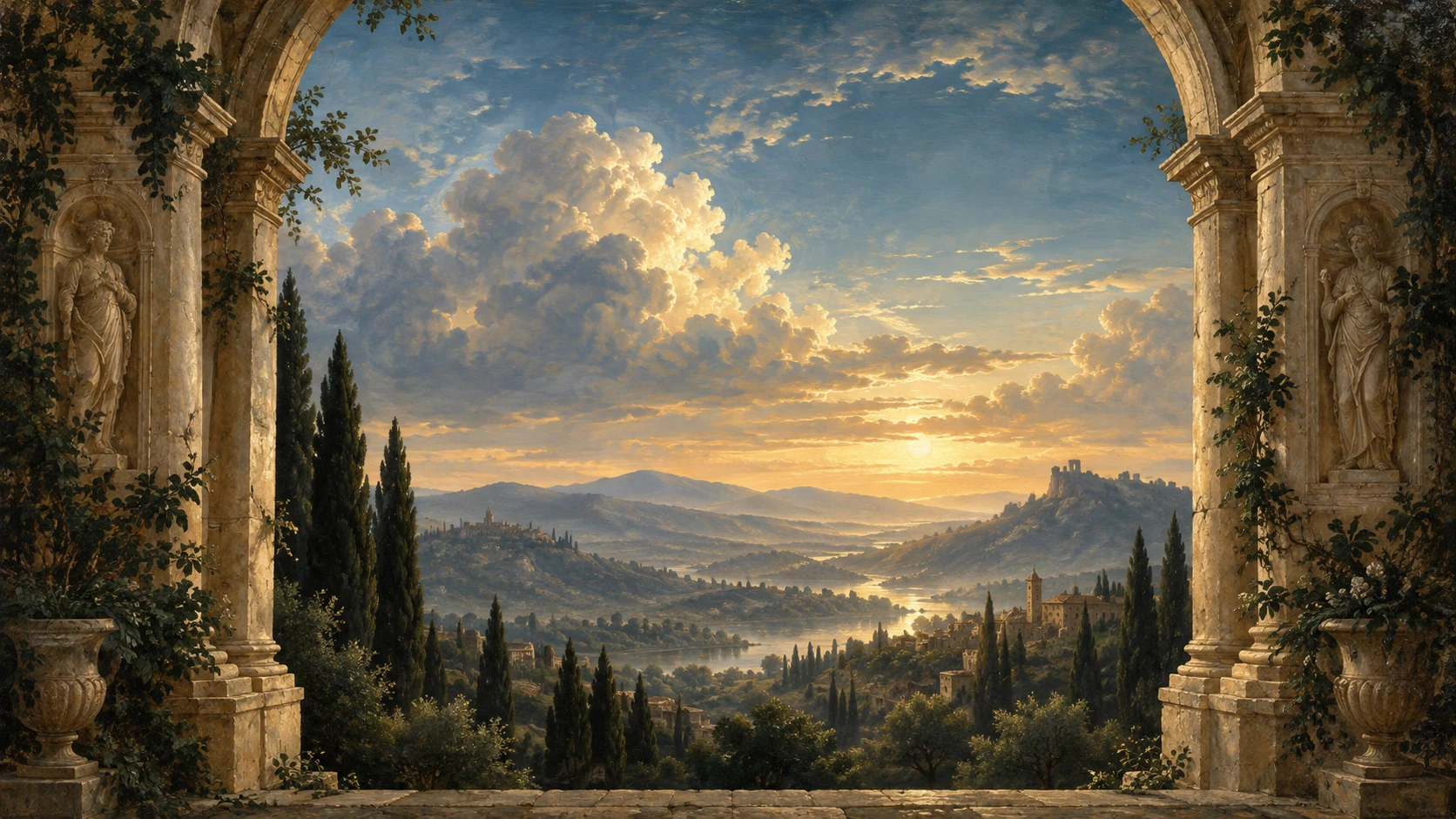 An open classical archway overlooking a sunlit, cloud-filled horizon