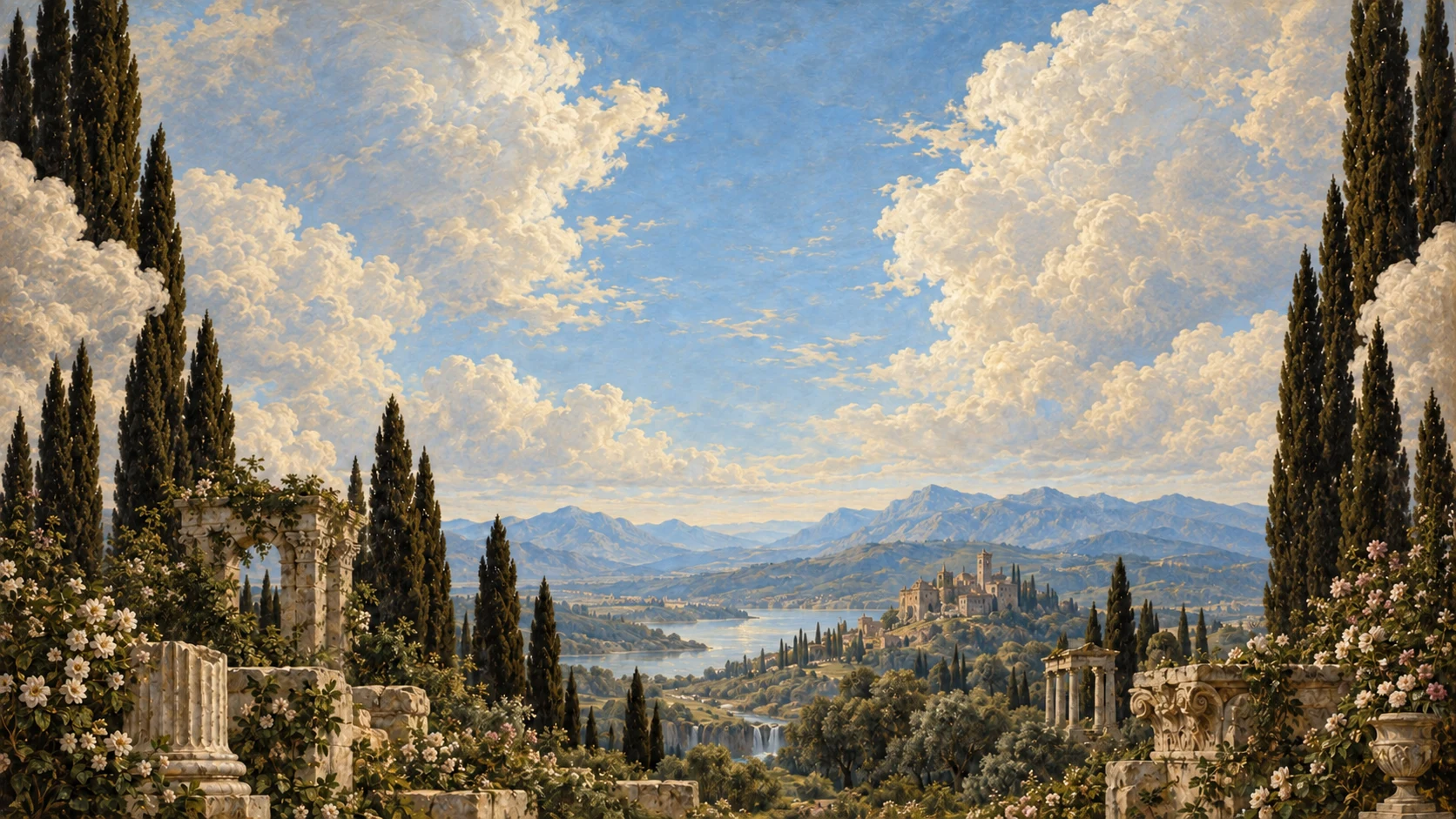 A Renaissance landscape of cypress trees, classical ruins, and a distant sunlit valley