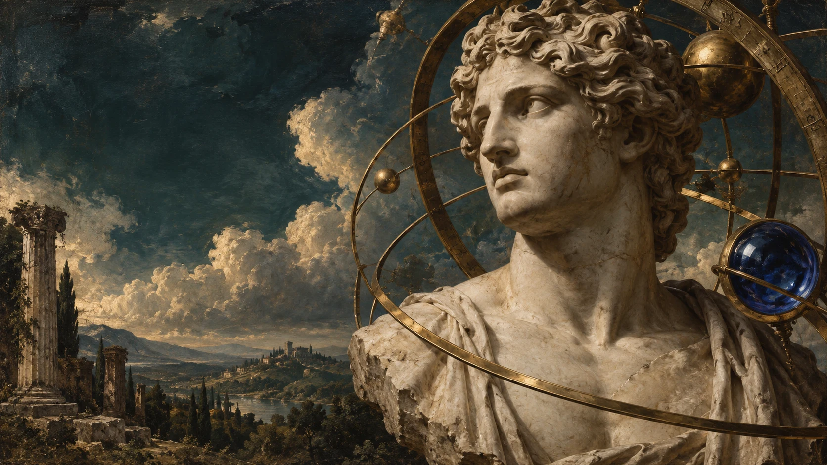 A classical marble bust surrounded by golden celestial orbits in a painted landscape